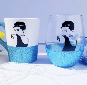 Audrey Hepburn glass, Breakfast at Tiffany's, Audrey Hepburn mug, Diva wine glass and mug, best friend gift, birthday gift for her