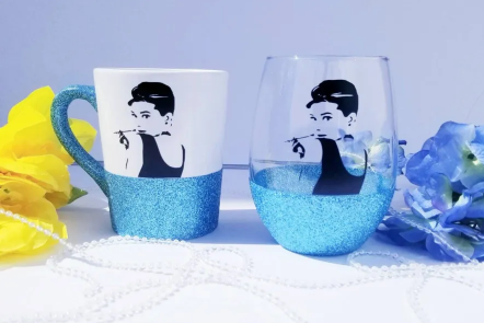 Audrey Hepburn glass, Breakfast at Tiffany's, Audrey Hepburn mug, Diva wine glass and mug, best friend gift, birthday gift for her