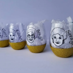 Golden girls wine glass set, Betty White - Dorothy Zbornack, Sophia Petrillo, Rose Nylund, and Blanche Devere, gold wine glasses