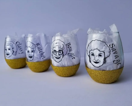 Golden girls wine glass set, Betty White - Dorothy Zbornack, Sophia Petrillo, Rose Nylund, and Blanche Devere, gold wine glasses