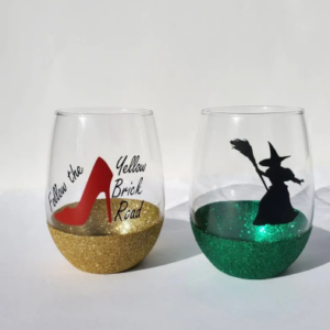 Wizard of Oz theme glass, wicked witch glass, Dorothy theme glass, follow brick road, Movie theme stemless glass