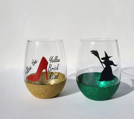 Wizard of Oz theme glass, wicked witch glass, Dorothy theme glass, follow brick road, Movie theme stemless glass